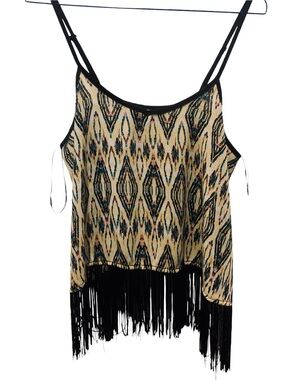 QED London Beige Ikat Fringe Camisole with Black Trim and adjustable straps